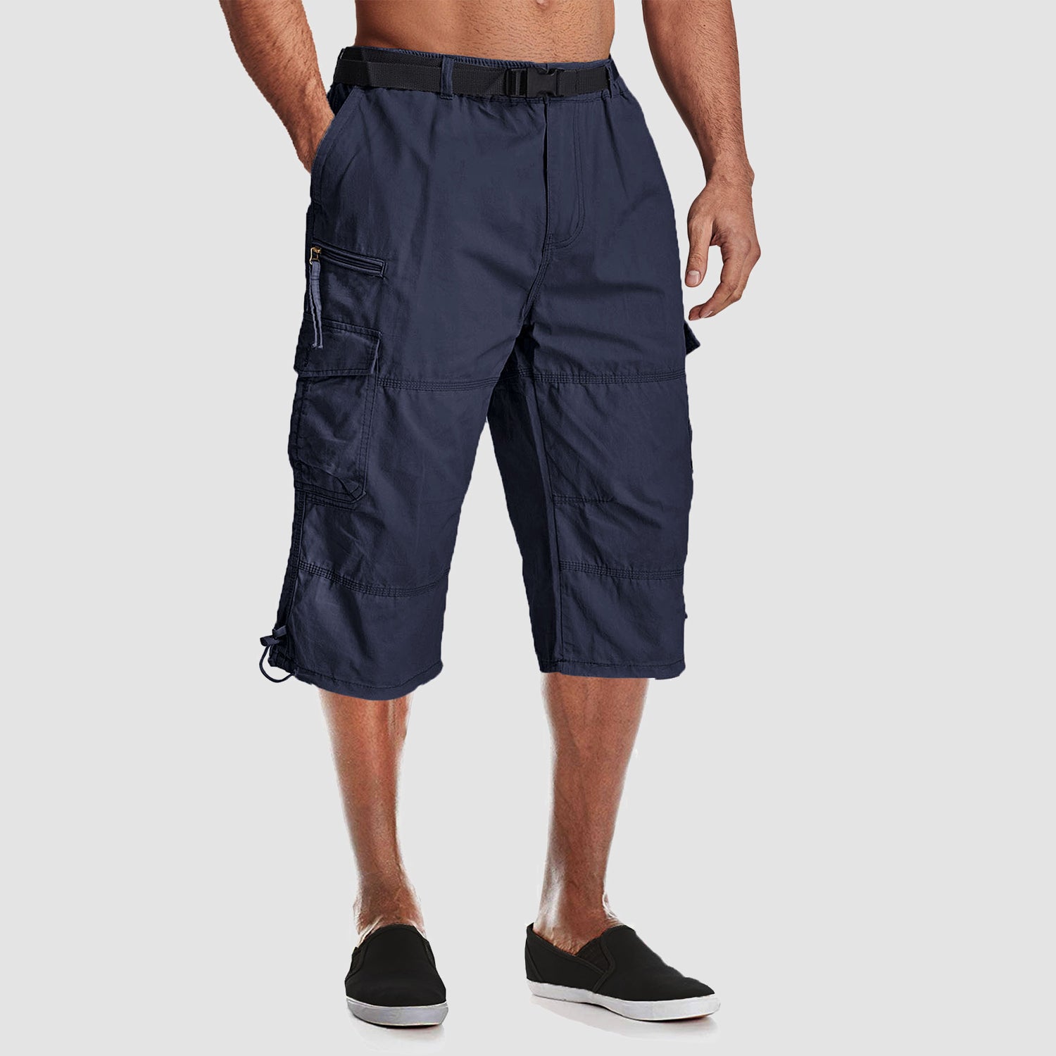 Men Summer Casual 3/4 Long Cargo Shorts Twill Cotton Elastic Waist Multiple Pockets Comfortable Capris Trousers